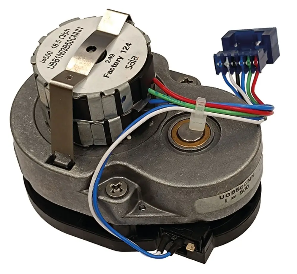 Schrittmotor von Syr mit mehreren Kabeln und Steckverbindungen, geeignet für Anwendungen in der Heizungs- und Regelungstechnik.